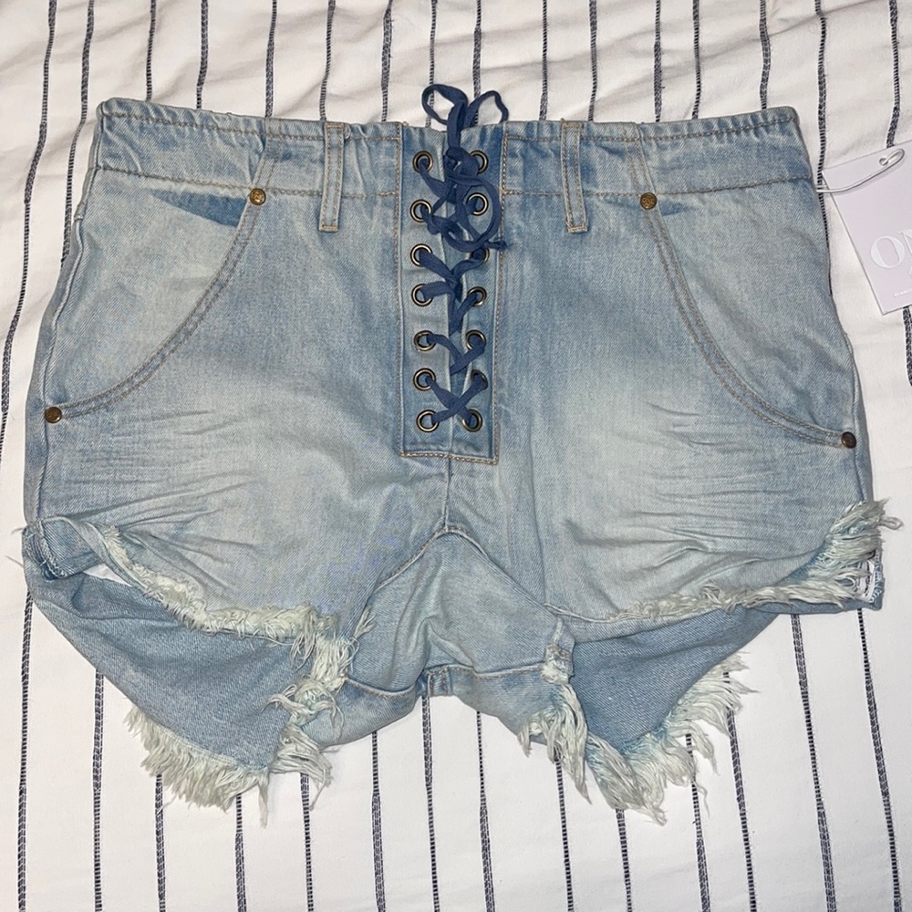 One Teaspoon Light Blue Lace-Up Jean Shorts